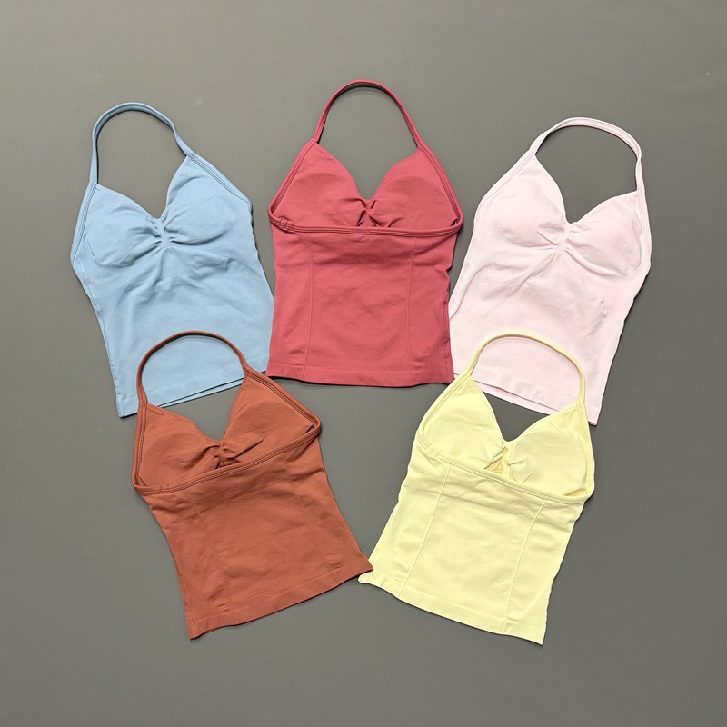 Aquatic Gym - เสื้อกล้ามกีฬาผู้หญิงแบบไร้ตะเข็บ สายคล้องคอแบบสปาเก็ตตี้ แผ่นรองบราถอดได้ แห้งเร็ว เหมาะสำหรับวิ่ง ฟิตเนส